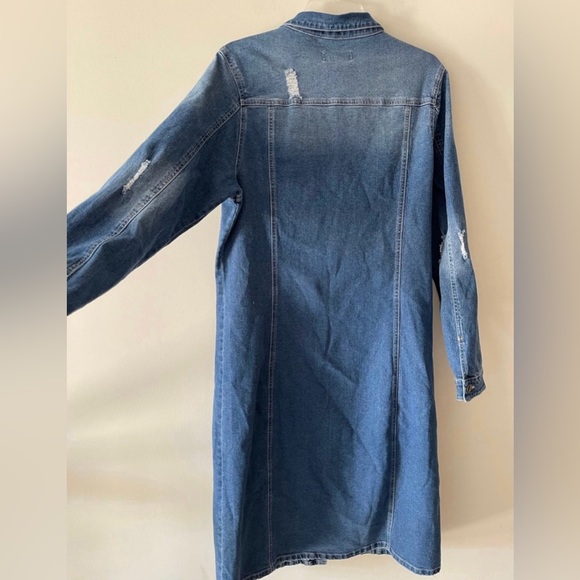 Blue Medium Wash Button-up  Midi Distressed Denim Jacket Dress - Picture 4 of 11